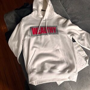 White Hoodie with Red 'WEALTHY' Print